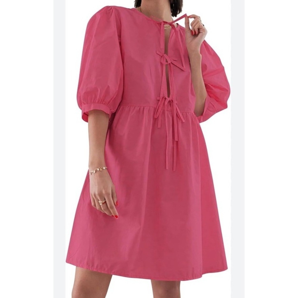 Pink Cotton Babydoll Mini Dress Puff Sleeves Tie Front Sz M Y2K - Picture 2 of 6